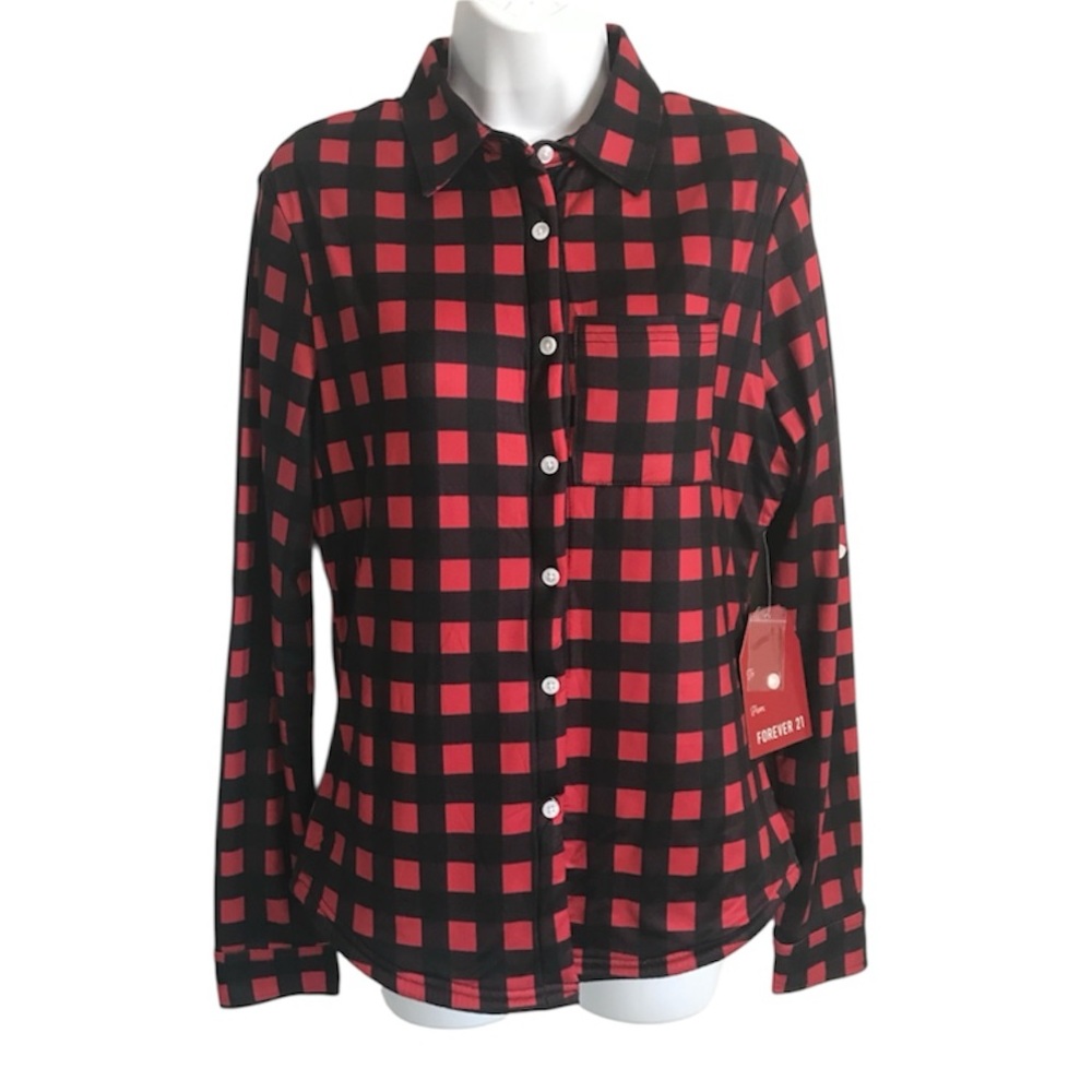 🔴 4/$15 Forever 21 Women’s S Red & Black Plaid Sherpa Lined Button Up Shirt NWT - Picture 2 of 16